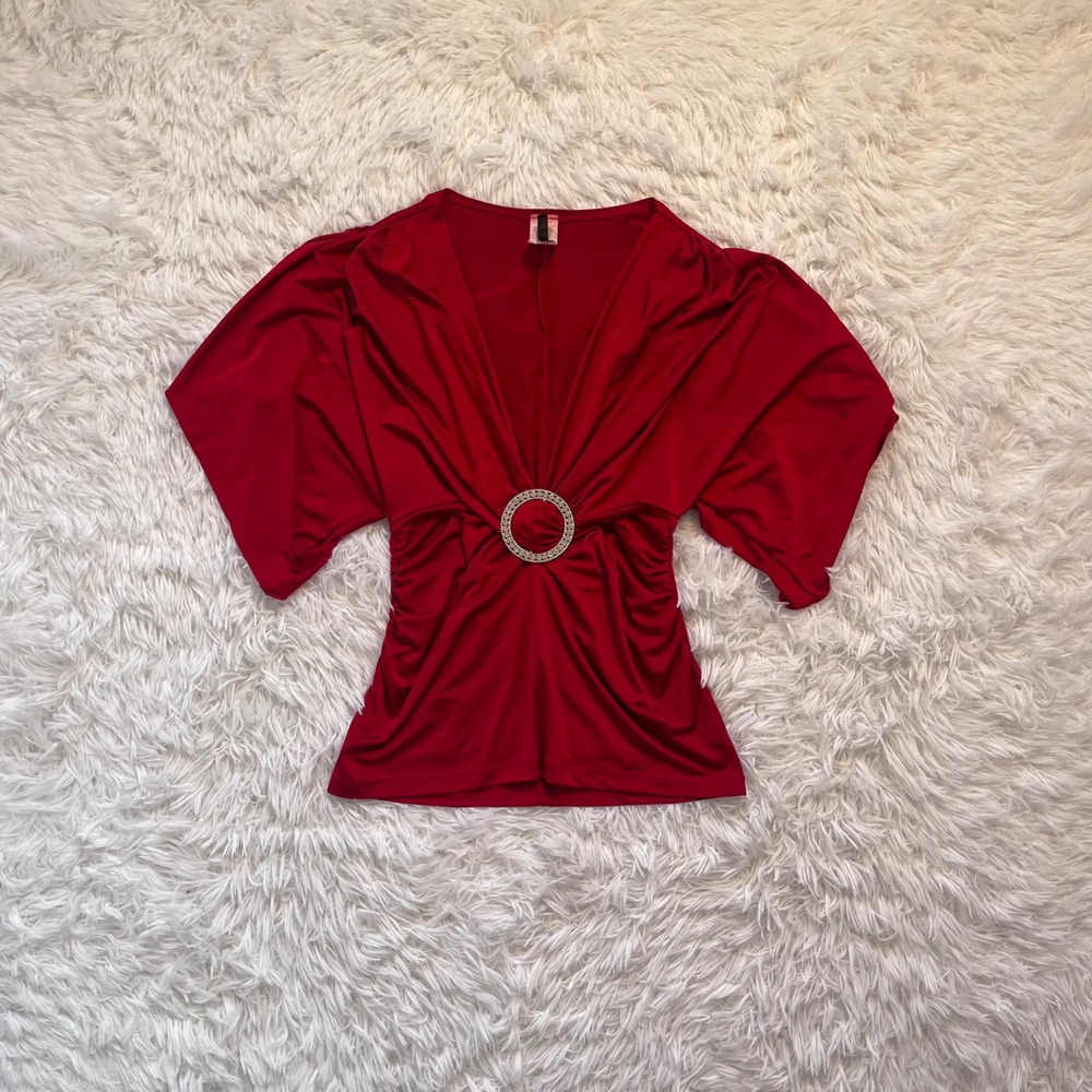 y2k red cinched ruffle poncho bat sleeve babdy doll top medium